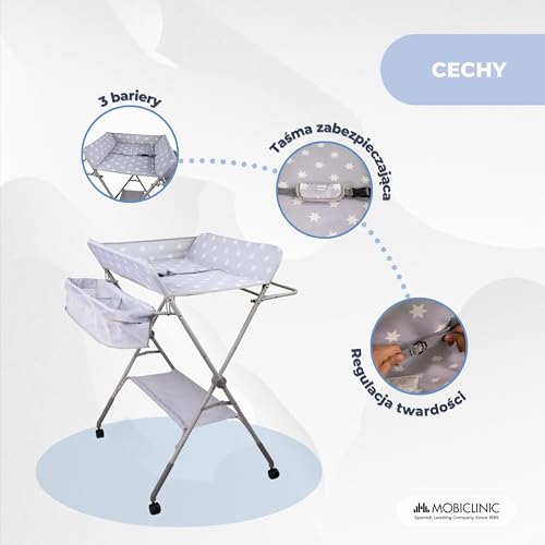 Mobiclinic®, Stół do Przewijania Niemowląt, Składany, Regulowana Wysokość, Do 15 kg, 0–36 Miesięcy, Organizer na Pieluchy, Kółka 360° z Hamulcem, Uprząż i Barierka Zabezpieczająca, Zmywalny, Zoey
