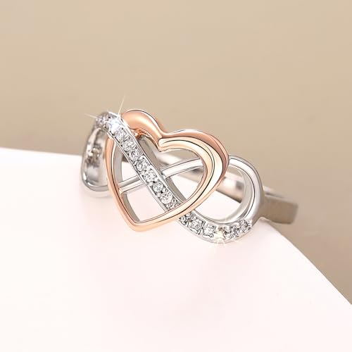 Fashion Two-tone Style Heart Love Ring Female Wedding Band with Bright Cubic Zirconia2
