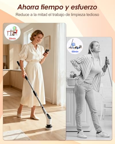 Cepillo Electrico Limpieza Hogar, Electric Cleaning Brush con 8 Cabezales Reemplazables, Electric Spin Scrubber con Mango Extensible, 2 Velocidades Ajustables, Para bañera, Lechada y Suelo de Baldosas - imagen 5