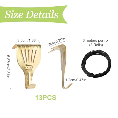 Image of Picture Hanging Kit, 13 Brass Plated Hooks with 3 Rolls 3M Hanging Wires Picture Display Hanging System Accessories for Wall Picture, Exhibition(Black+Gold)