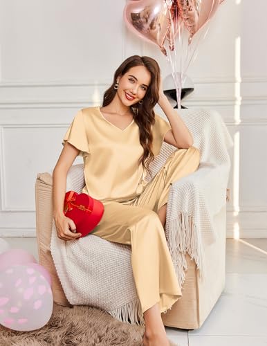 Image of Ekouaer Women's Satin Silky Pajama Set 2 Piece Short Sleeve Shirt with Long Pants Pjs Sets Soft PJ Loungewear S-XXL