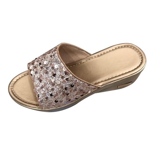 Sandalias para mujer con tacón, sandalias de cuña brillantes, sandalias romanas de plataforma, sandalias de verano, sandalias de cuña, zapatos de jardín, sandalias de playa, dorado, 40 EU