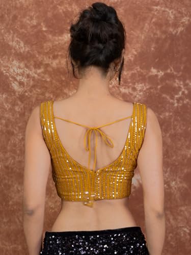 Image of FIGURE'S DESIGNER Women's Sequin Embroidered SabyaSachi Cut Sweetheart V Neck Sleeveless Readymade Saree Blouse E30