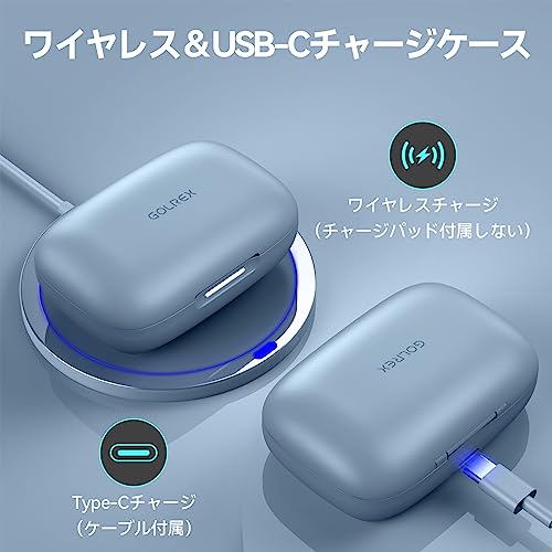 GOLREX イヤホン bluetooth ワイヤレスイヤホン 耳掛け式 ぶるーとゅーす イヤフォン 最大40時間再生 Hi-Fi音質 AAC対応 LEDディスプレイ 物理ボタン誤操作なし 落ちない 快適装着感 ランニング スポーツ IPX7防水 片耳/両耳モード QI/Type-C充電 通勤通学/WEB会議に適用 iOS/Android 水色