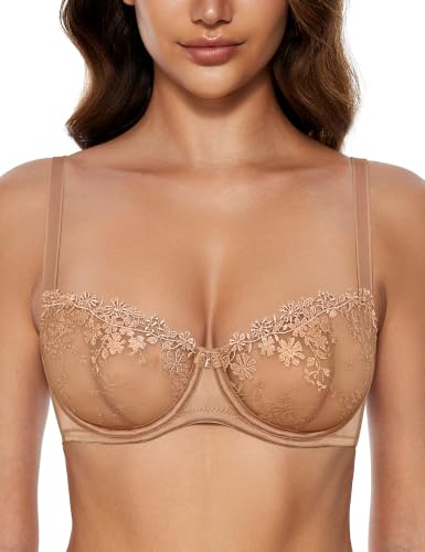 Image of Wingslove Women's Sexy Lace Bra Demi Sheer Mesh Balconette See Through Bralette Unlined Underwire Embroidered