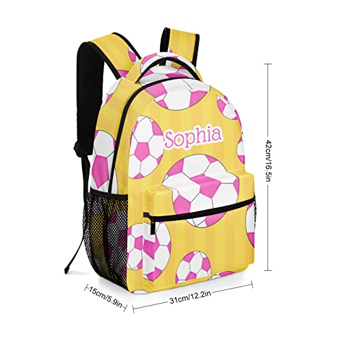 Pink Soccer Ball Yellow Stripes Personalized School Backpack Waterproof Schoolbag For Girls Boys Gift With Name #TOP6