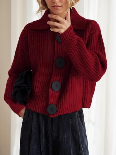 Women's Solid Lapel Cardigan Sweater Jacket Big Button Soft Long Sleeve Knit Sweater Light Coat Tops Outwear2