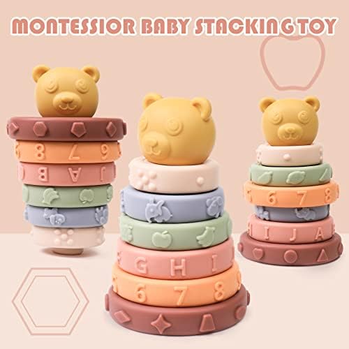 ONLYFUN Baby Toys 0-6 Months, Montessori Bear Stacking Toys Early Educational Teething Baby Sensory Toys with Sound, Soft Building Blocks Circle, Toddlers Learning Gifts for Boys Girls 6 Month Plus