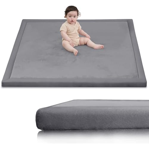 Huloo Sleep Ultra Soft Baby Play Mat for Floor,1.3" Thick Elasti-Foam 50x50 Playpen Mat for Toddlers Infant kids,Non-Slip Backing Safe for Crawling&Tummy Time,Tatami Style (Dark Grey)