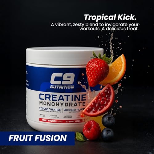 Image of C9 Nutrition Micronized Creatine Monohydrate | 3000mg Ultra-Pure 200 Mesh Filtered Creatine Powder | Boost Strength, Power & Muscle Recovery | Zero Sugar | Fruit Fusion Flavour | 100g for Men & Women, 33 Servings (100gm, Fruit Fusion)
