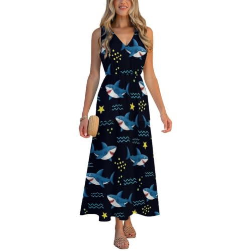Casual Long Dress for Summer, Shark Starry Sky Ocean Black, Women's Elegant Flowy V Neck Sleeveless Maxi Dress with Pockets, Beach Vacation Casual Wear Holidays
