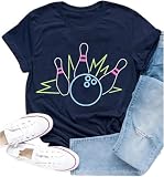 Cutesong Funny Bowling Shirts for Women Bowling Lover T-Shirt Retro Bowler Sporty Short Sleeve Blue
