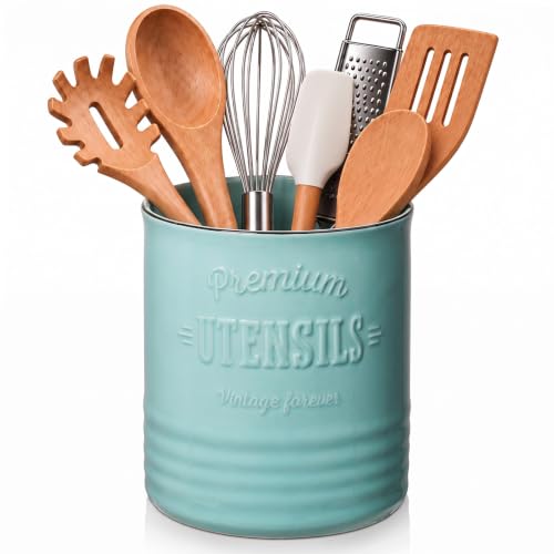 DOWAN 7.2" Large Ceramic Utensil Holder for Kitchen Counter, Turquoise
