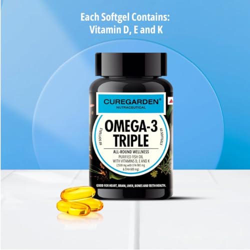 Image of Curegarden Omega-3 Fish Oil Capsules 2500mg - Triple Strength with 900mg EPA, 600mg DHA - Vitamin D, E & K - Heart, Brain Health - Boost Immunity, Metabolism & Bone Health - 60 Softgels (Pack of 2)