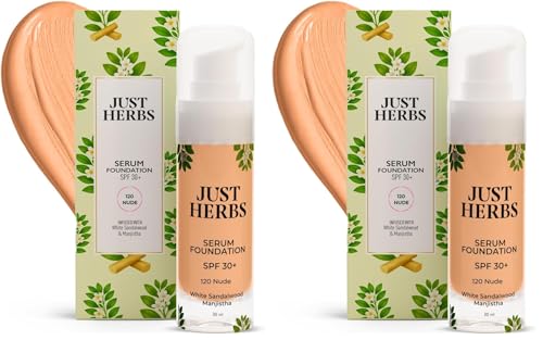 Image of Just Herbs Serum Foundation SPF 30+ | Buildable Coverage & Natural Finish | No Parabens, No Mineral Oil | For Indian Skin Tones | Lightweight & Hydrating | 30 ML (NUDE) (Pack of 2)