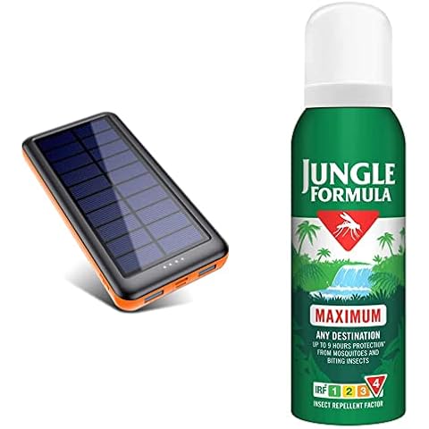 Pxwaxpy Solar Power Bank 26800mAh, Solar Charger 【Type C & Micro USB Input & Jungle Formula Maximum Repellent Aerosol 125ml - Maximum Strength Repellent Aerosol against Mosquitoes Cover