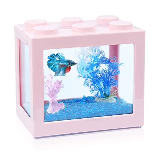 Small Betta Fish Tank, Stackable Mini Fish Tank Aquarium Tank Kit, 3/5 Gallon Rectangular Fish Bowl With Aquarium Gravel Decoration, Cube Tank For Seaweed Balls Sea Monkeys (Pink) #TOP19