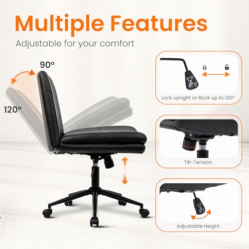 NEO Chair Criss Cross Chair with Wheels Armless Cross Legged Office Desk Wide Comfy Vanity Makeup Chair Adjustable Swivel Rolling Computer for Home Office PU Leather (Black)