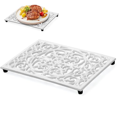 Notakia 9.6 X 6.3 Inch Cast Iron Trivet Set, Large Metal Trivets for Hot Dishes Pots Pans Decorative Kitchen Trivets, Heat-Resistant Trivet Mats for Quartz Countertops, Table Cooktop (White, 1 Pack)