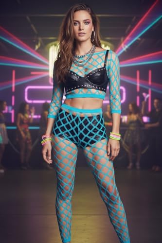 Image of ToBeInStyle Women's Spandex Multi Net Fishnet Set Rave Novelty Party Crop Top & Tights
