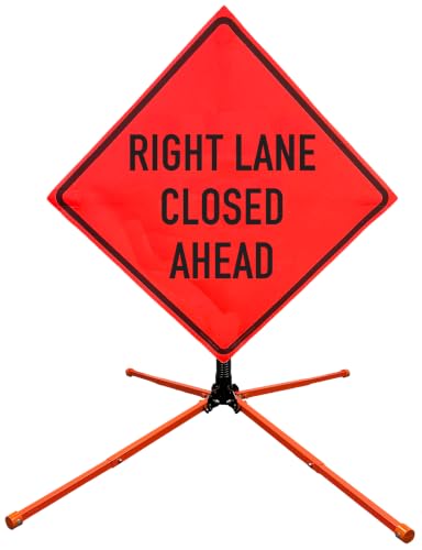 Image of OrangeGear 36 inchx36 inch Right Lane Closed Ahead Mesh Sign & Steel Spring Stand | MUTCD TTC compliant orange mesh roll-up sign kit with fiberglass cross ribs and single-spring steel stand.