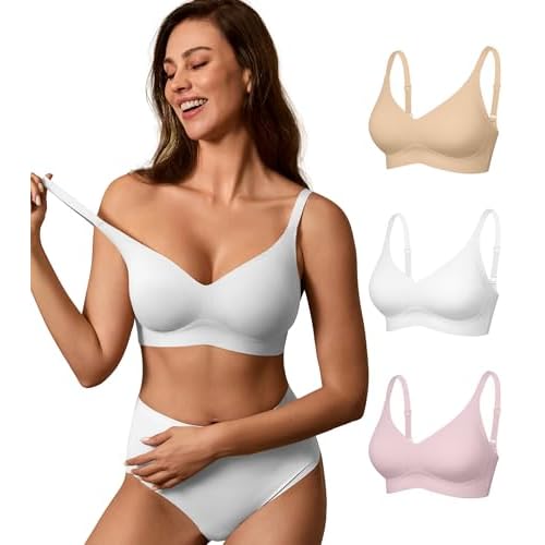 DEANGELMON Seamless Bras for Women No Underwire Comfortable Push Up Bra V Neck Wireless Bralette Full Coverage Wire Free Pink+nude+white Medium