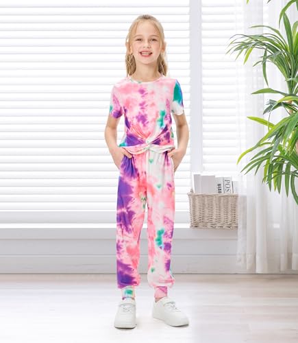 Image of Girls Clothing Sets Tie Dye Twist Front Tops & Sweatpants Outfits Sportwear Sweatsuits Tracksuits Purple 5-6 Years