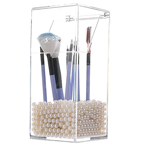 Image of Sooyee Makeup Brush Holder,Makeup Brush Organizer with 8mm White Pearls,Dustproof Makeup Brush holder with Lid