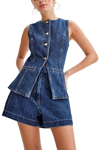 Denim Sets for Women 2 Piece Waistcoat Old Money Button Down Vest and Shorts Y2k Blazer Shorts Slim Fit Set