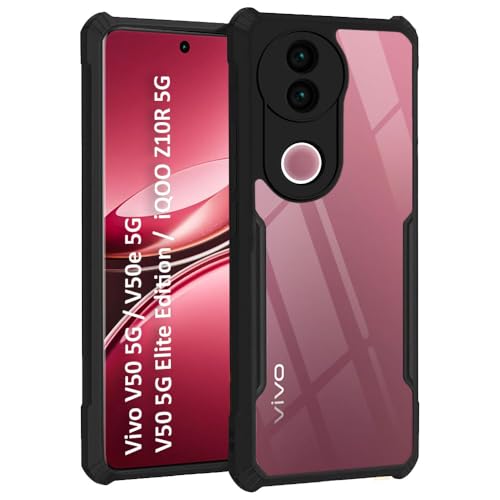 Image of TheGiftKart Shockproof Crystal Clear Back Cover Case for iQOO Z10R 5G / Vivo V50 / V50e 5G / Vivo T4R 5G | 360 Degree Protection | Hard Transparent Back Cover Case (PC & TPU, Black Bumper)