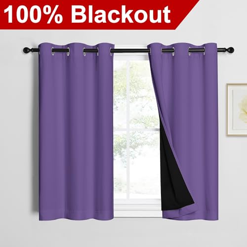 Image of NICETOWN 100% Blackout Short Curtains with Black Liners, 2 Panels, 37 inchW by 40 inchL, Lilac Purple, Solid Thermal Insulated Full Blackout 2-Layer Lined Drapes, Energy Efficiency Window Drapes for Bedroom