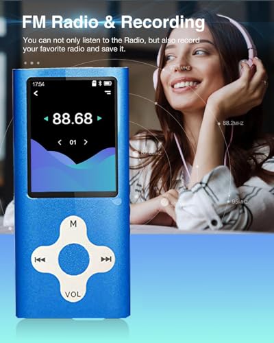 64GB MP3 Player,1.8 inch Screen Portable Music Player with Build-in Speaker/Photo/Video Play/FM Radio/Voice Recorder/E-Book Reader,Earphones/USB Included (Blue)