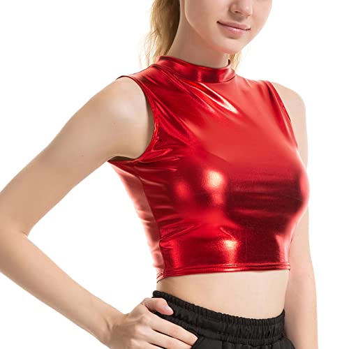 Shinsto Women's Holographic Shiny Metallic Dance Tank Tops Sleeveless Crop Top Vest Clubwear