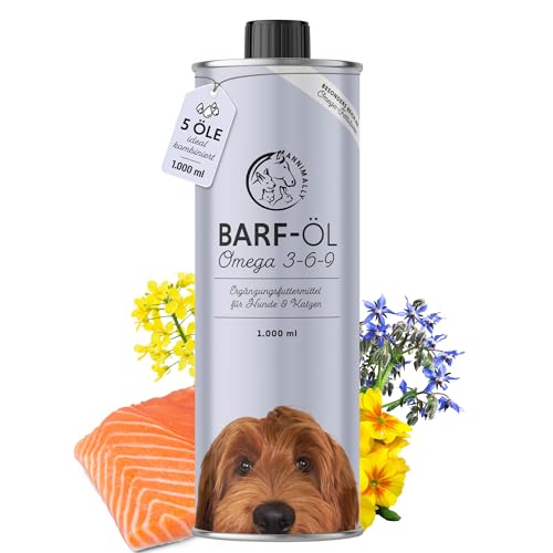 Barf Öl für Hunde 1000ml Barföl mit Omega 3-6-9 aus: Lachsöl Rapsöl Hanföl & Borretschöl - Futteröl für Hund als Futter Topping (Barf Zusatz)