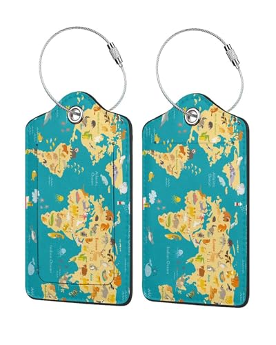 2 Pack World Map Luggage Tags, Travel Tags for Luggage with Stainless Steel Loop, Hidden ID Slot for Privacy Protection, Easy to Identify Travel Accessories Gift