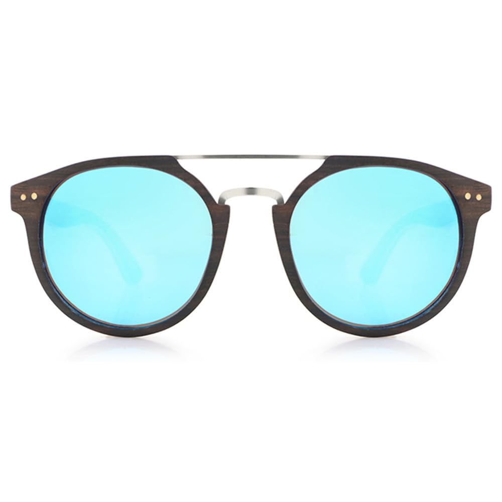 Runde Vintage-Sonnenbrille aus Holz für Männer und Frauen, polarisierte blaue verspiegelte Gläser, UV400, klassische Sonnenbrille