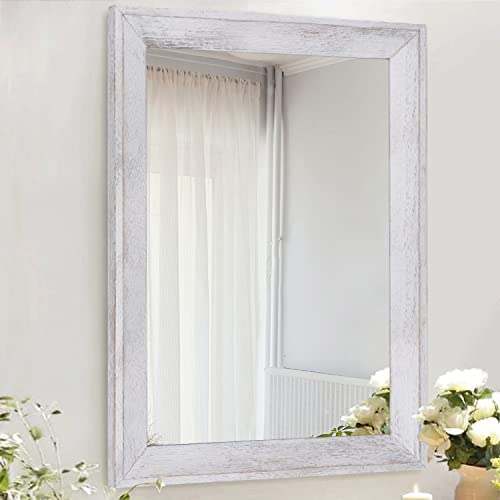 AAZZKANG Mirrors for Wall with Rustic Wood Framed Decorative Farmhouse Bedroom Bathroom Hanging Mirror Home Decor Rectangle White