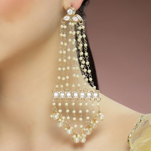 Image of Karatcart Gold Plated Pearl Chain Kundan Drop Earrings for Women
