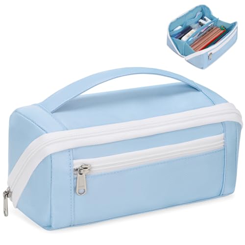 Image of Large Capacity Pencil Case - Pencil Pouch for Teen Girls & Boys, Aesthetic Pouch Organizer with 8 Compartments, Wide Opening Marker Bag for Middle High School College, Fits Calculator, Blue