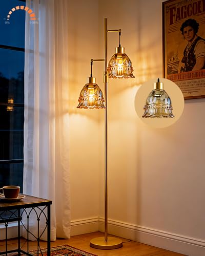 Image of 2-Light Modern Glass Floor Lamp, Gold Tall Standing Lamp with Amber Lace Glass Shade for Reading, Dimmable LED Floor Lamp with 5Lbs Heavy Base for Living Room Bedroom Home Decor, Bulb Included