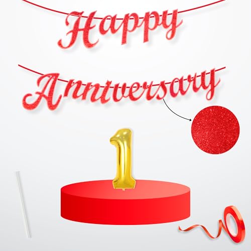 Image of Flyloons 1st Happy Anniversary Banner Red Decorations Kit for Men Women Wedding Anniversary Banner Items without Balloons