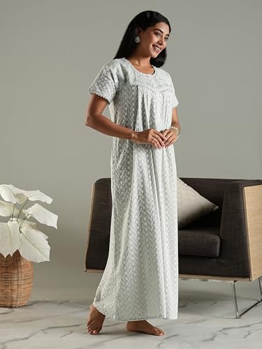 Image of 9shines Label Stylish Chikankari Cotton Nighty Maxi for Women | Full Length Nightgown | Nightdress with Pocket | Embroidery Nighty | Soft Comfortable Cotton Nightwear (1545)