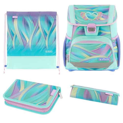 herlitz Schulranzen Set 4-teilig Loop Minty Love Pastell 17 L Ergonomischer Tornister mit geringem Gewicht 1. Klasse Junge Mädchen Kinder