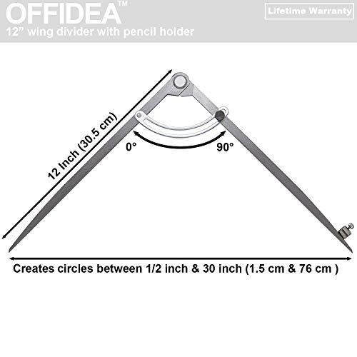 Offidea Professional Woodworking Compass with Wing and Pencil Holder, 12 Inch - Ideal Large Compass for Geometry, Drawing, Drafting - Perfect Pencil Compass for Carpenter