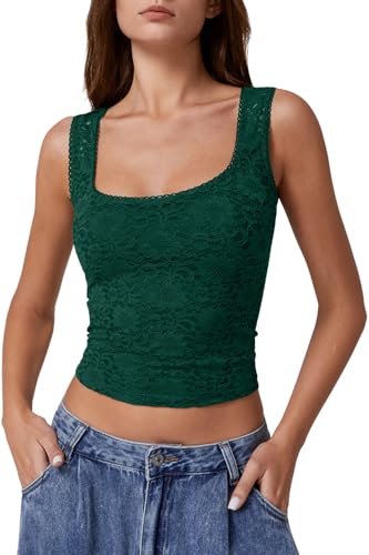 QINSEN Sleeveless Tank Top for Womens Square Neck Double Lined Front Lace Tank Pine Green XS