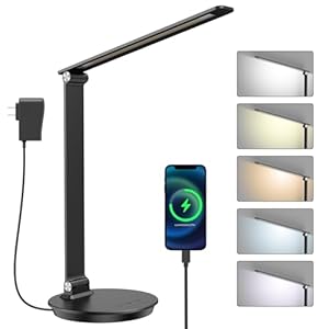 LED Desk Lamp with USB Charging Port, Touch Control Dimmable Office Lamp, 5 Color Modes 6 Brightness Levels Eye-Caring Table Lamp for Home Office Bedroom Reading Study, Black