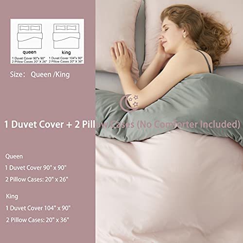 3 Pieces Cooling Duvet Cover Queen Set Silky Smooth, Lightweight Washed Bedding Set, Reversible Comforter Cover With Zipper Closure & Corner Ties (Queen,Grey/Pink) #TOP6