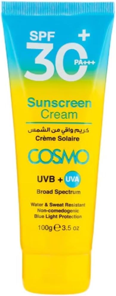 Cosmo Sunscreen Cream SPF 30+100g | 3.38 fl.oz, UVA/UVB Protection | Broad Spectrum | With Vitamin E Water & Sweat Resistant Blue Light Protection| for Unisex