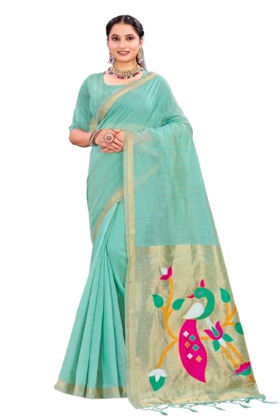 sangam prints Mint Green Cotton Blend Woven Work Breezy Traditional Saree-picture-22