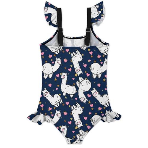 Image of Girls One Piece Swimsuit Cute Alpacas Hearts Stars Ruffles Swimwear Bathing Suits 3-12 Years